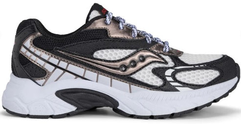 Side view of a running shoe with white mesh and black and silver accents, white midsole, and black outsole.