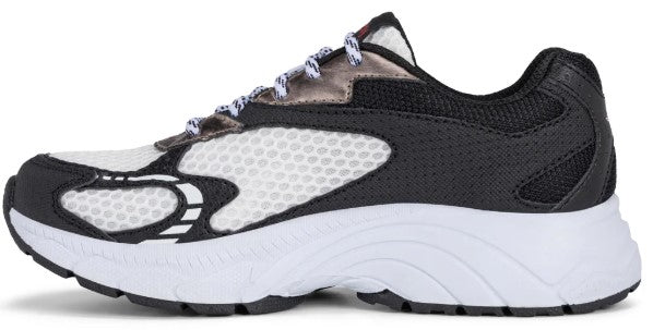 Athletic shoe with a white mesh body and black trim atop a white sole.