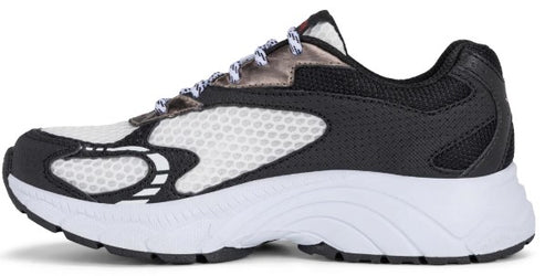 Athletic shoe with a white mesh body and black trim atop a white sole.