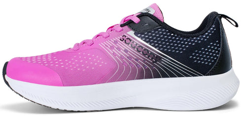 Pink and black athletic shoe with a white sole.