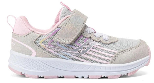 Low-top children's sneaker in gray with white sole and pink trim.