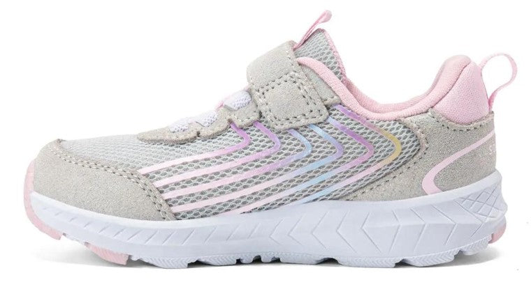 Grey and pink kids sneaker with hook and loop strap.