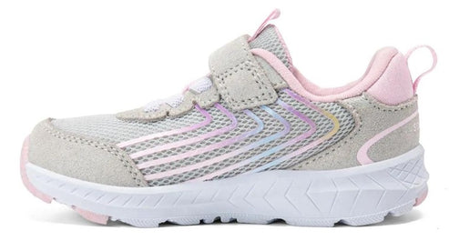 Grey and pink kids sneaker with hook and loop strap.