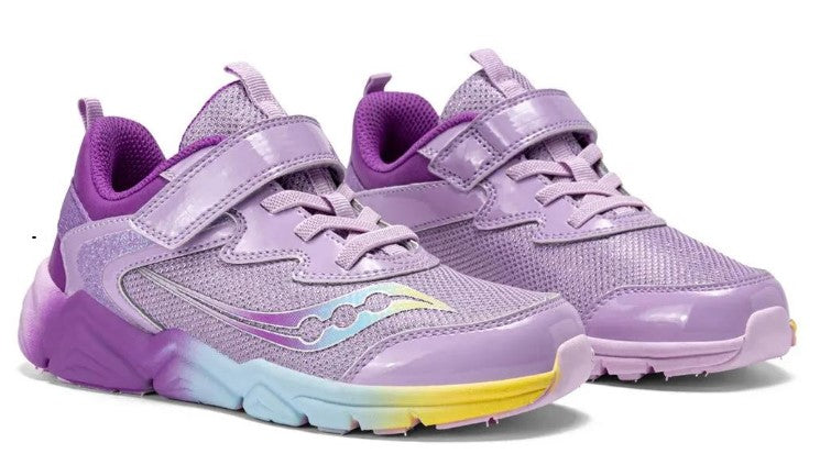 Pair of lavender sneakers with velcro straps, rainbow accents on sole and logo.
