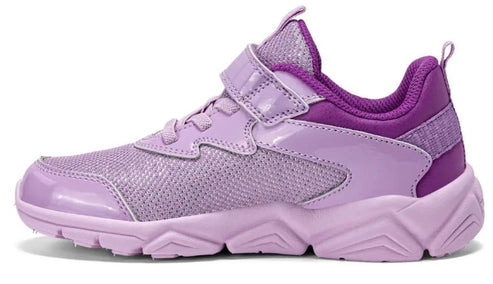 Lavender sneaker with velcro strap, mesh, and purple heel.