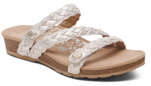 Silver braided, strappy sandal with cork sole.