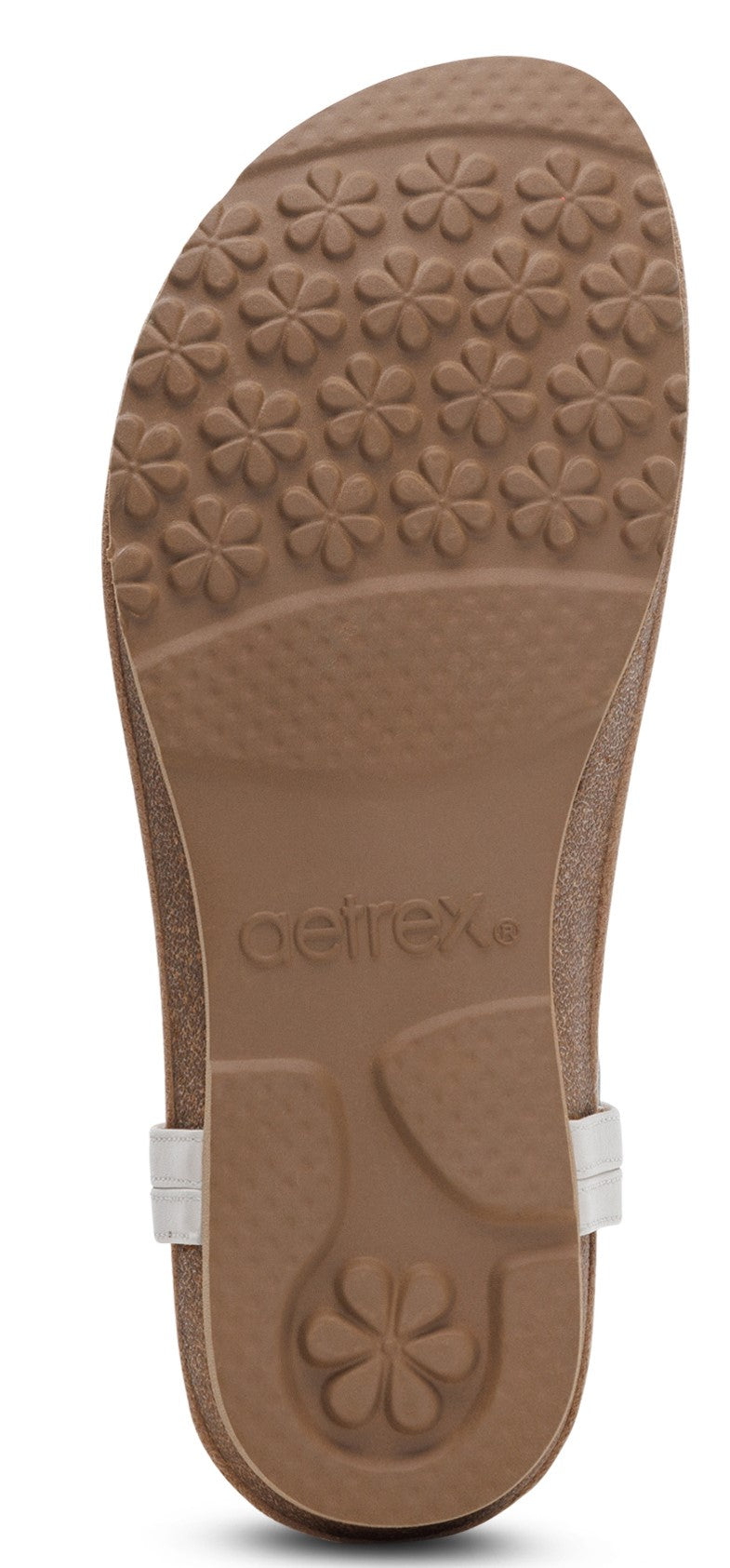 Sole of a sandal with daisy-shaped tread and the text "aeretex".