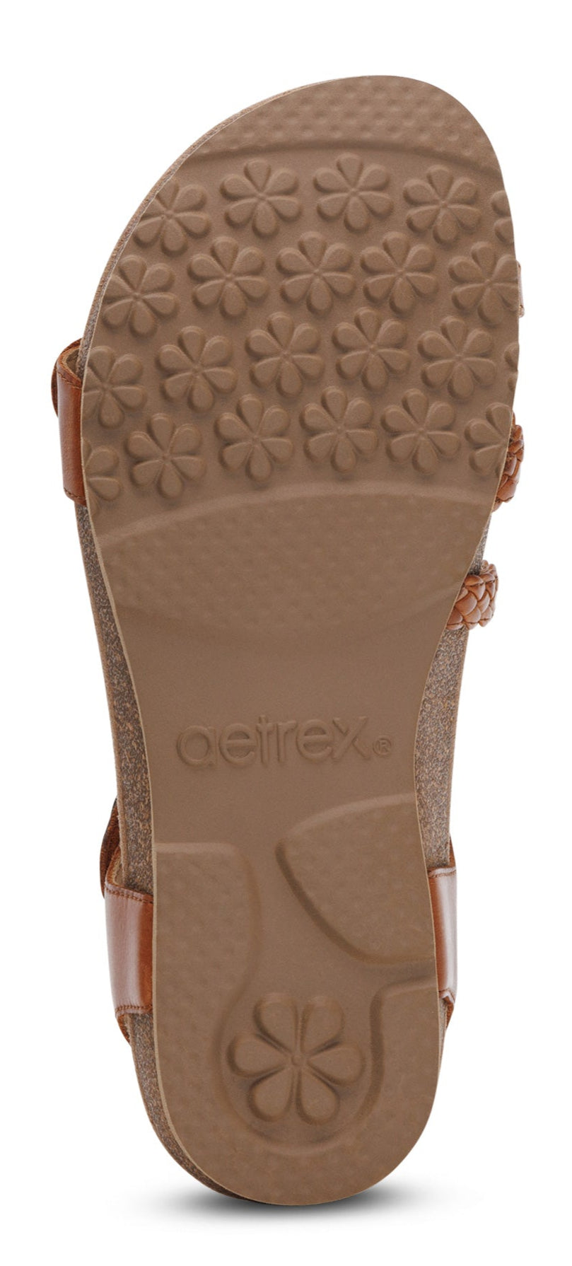 Bottom of a sandal showing the tread with flower patterns and the logo.