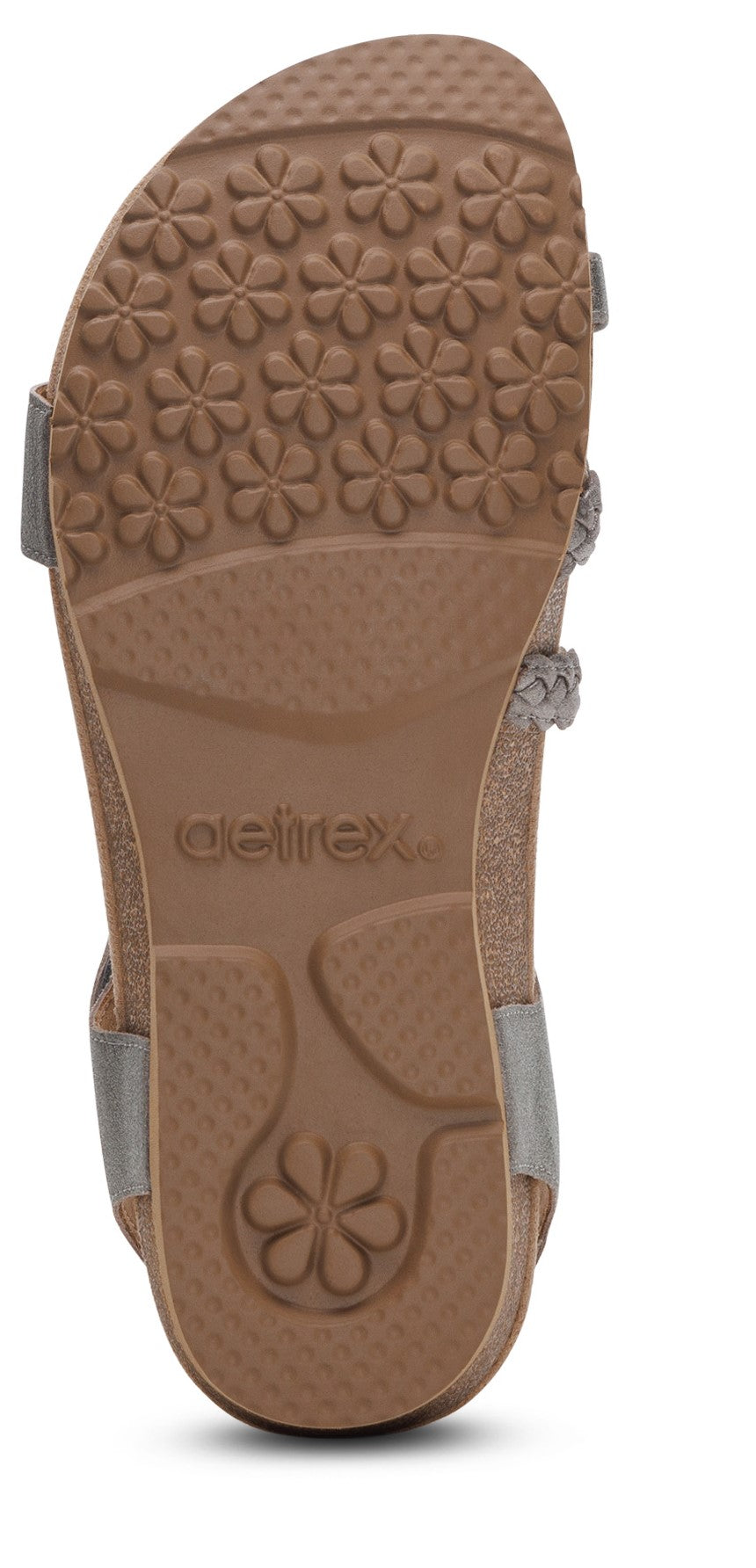 Bottom view of a sandal with a flower pattern tread.