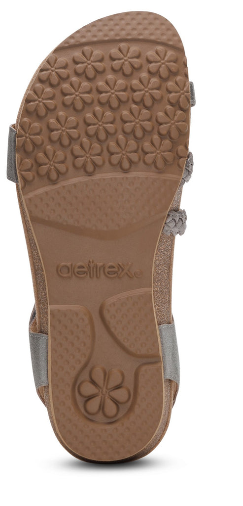 Bottom view of a sandal with a flower pattern tread.