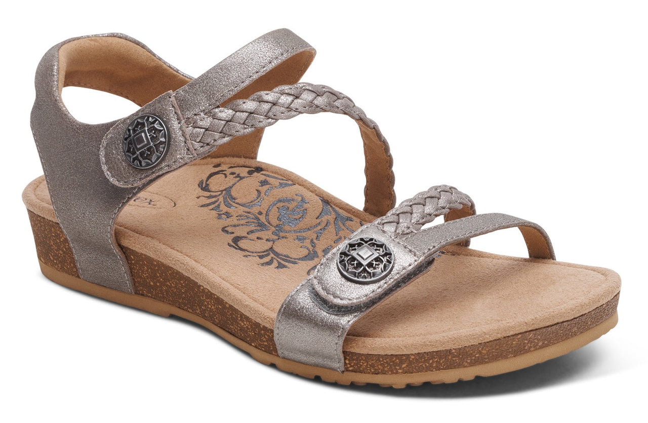 Silver sandal with adjustable velcro straps and a braided accent.