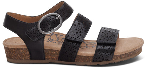 Black sandal with three perforated straps and a buckle.