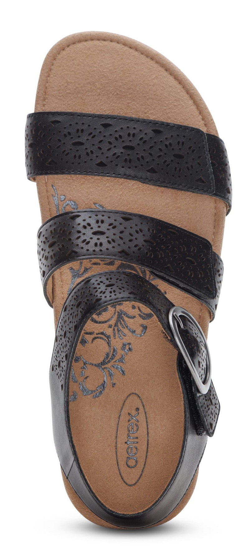 A sandal with three black straps, the first two with laser cutouts and the third held with a silver buckle.