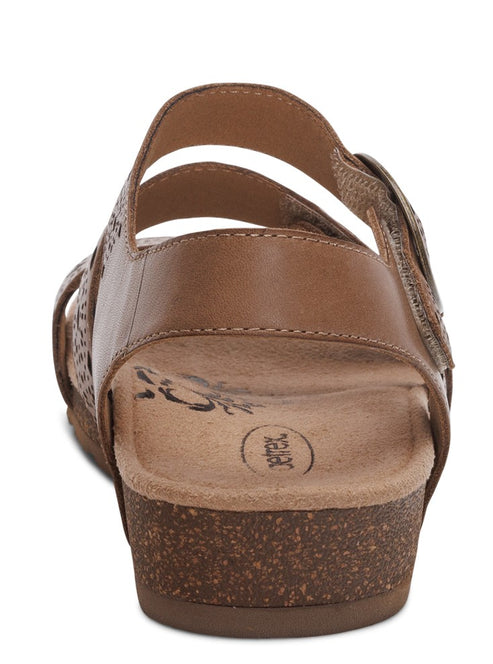 Tan sandal with two upper straps and a cork platform.