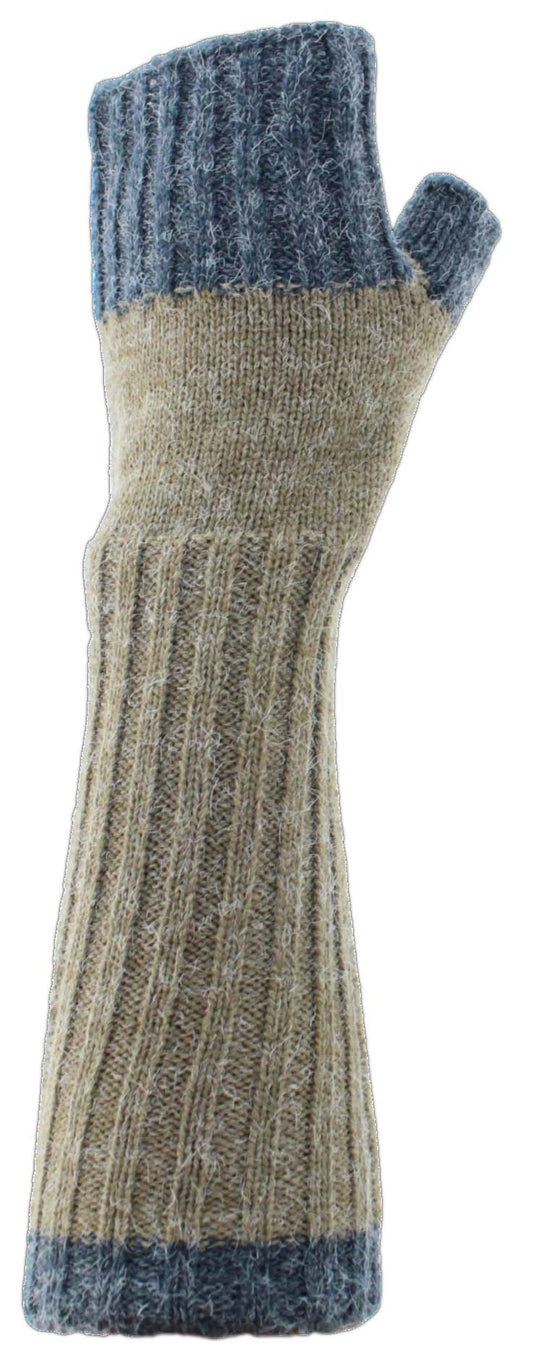 A gray and blue fingerless knit glove.