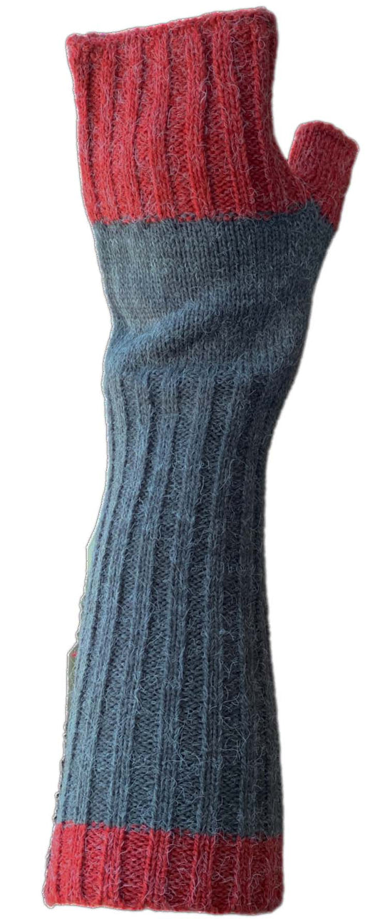 A fingerless glove with red trim at the top and bottom and a blue ribbed pattern.