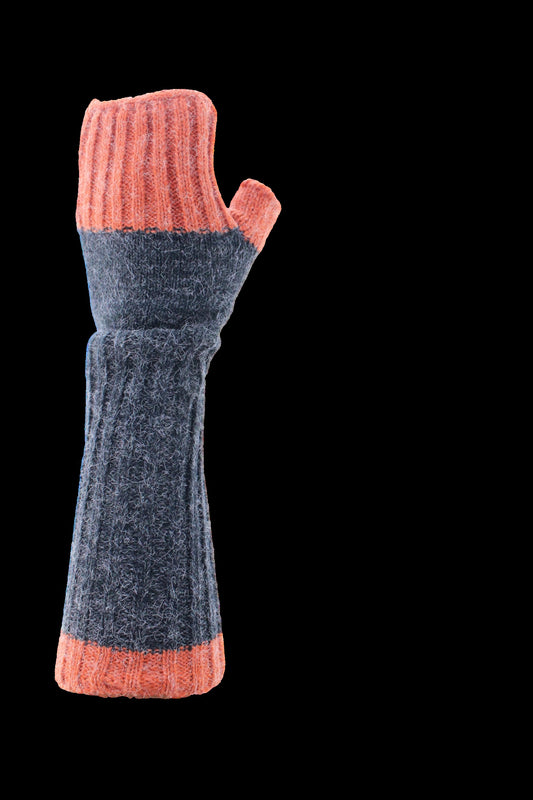 Knitted fingerless gray glove with a coral-colored thumb and top trim.