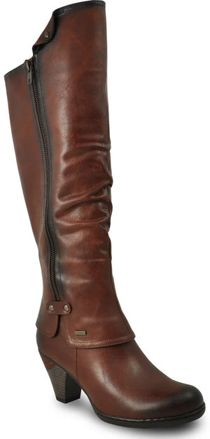 A brown, knee-high women's boot with a stacked block heel, featuring a side zipper, a buckled strap accent near the ankle, and a ruched shaft design.