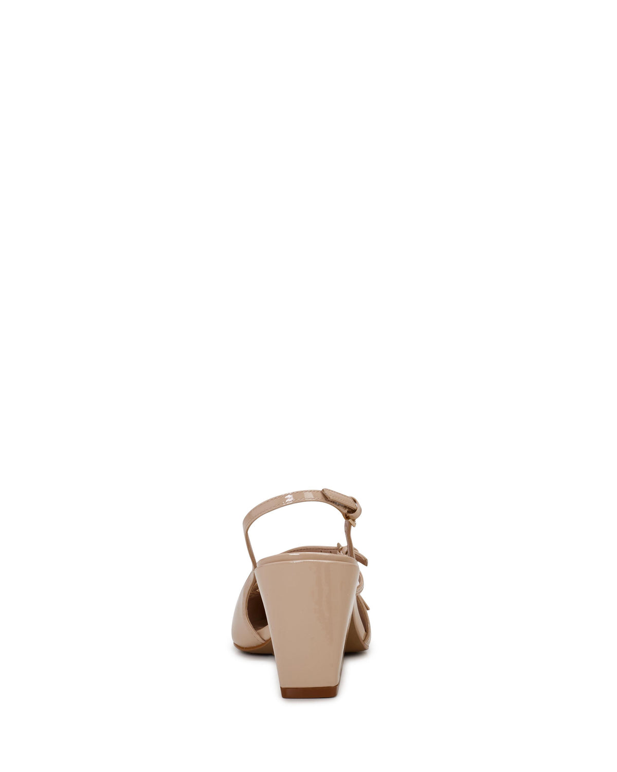 Beige, heeled sandal with an ankle strap.