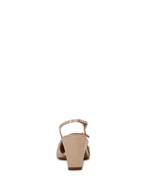 Beige, heeled sandal with an ankle strap.