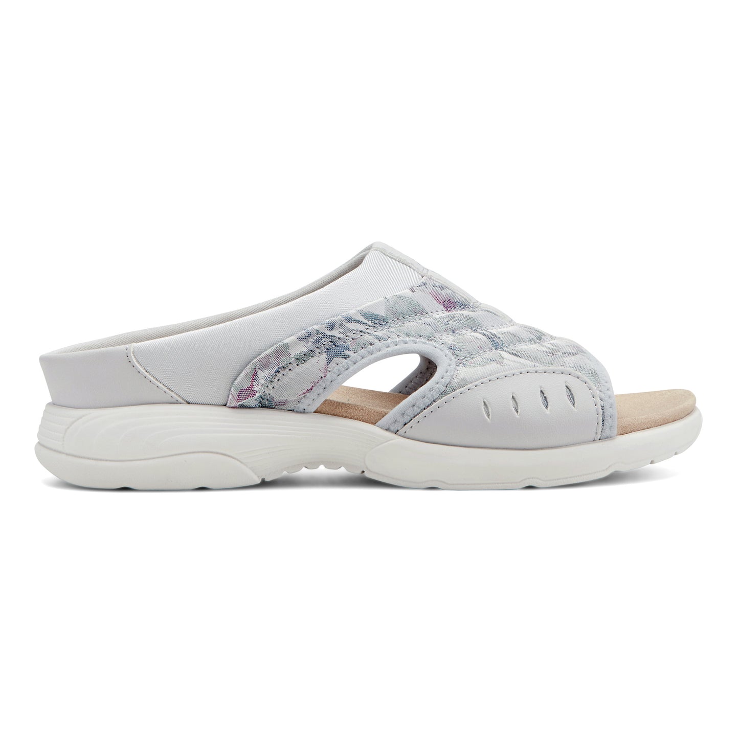 Grey slide sandal with floral print and cushioned footbed.