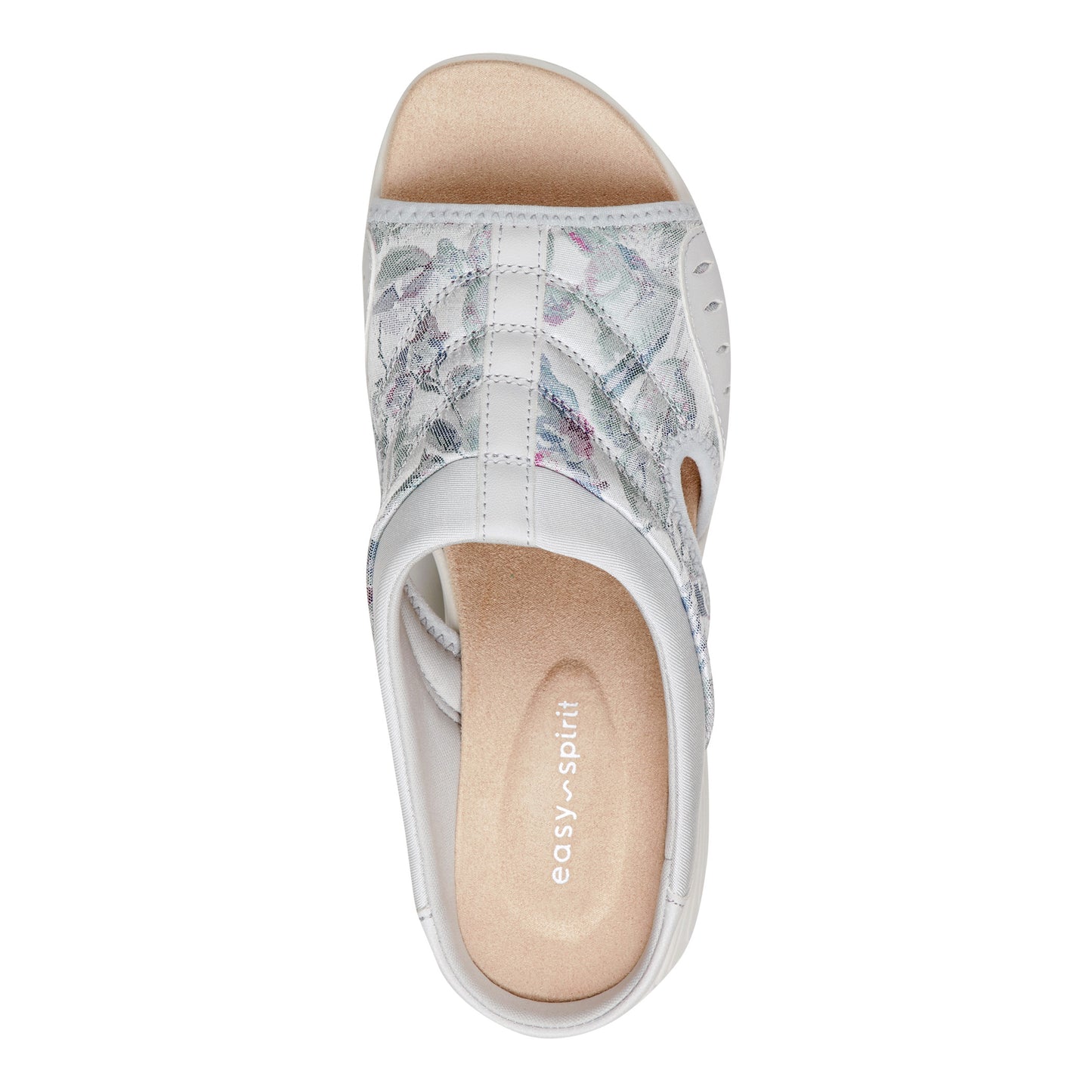 Overhead view of a mule sandal with floral pattern and 'easy-spirit' branding on the insole.