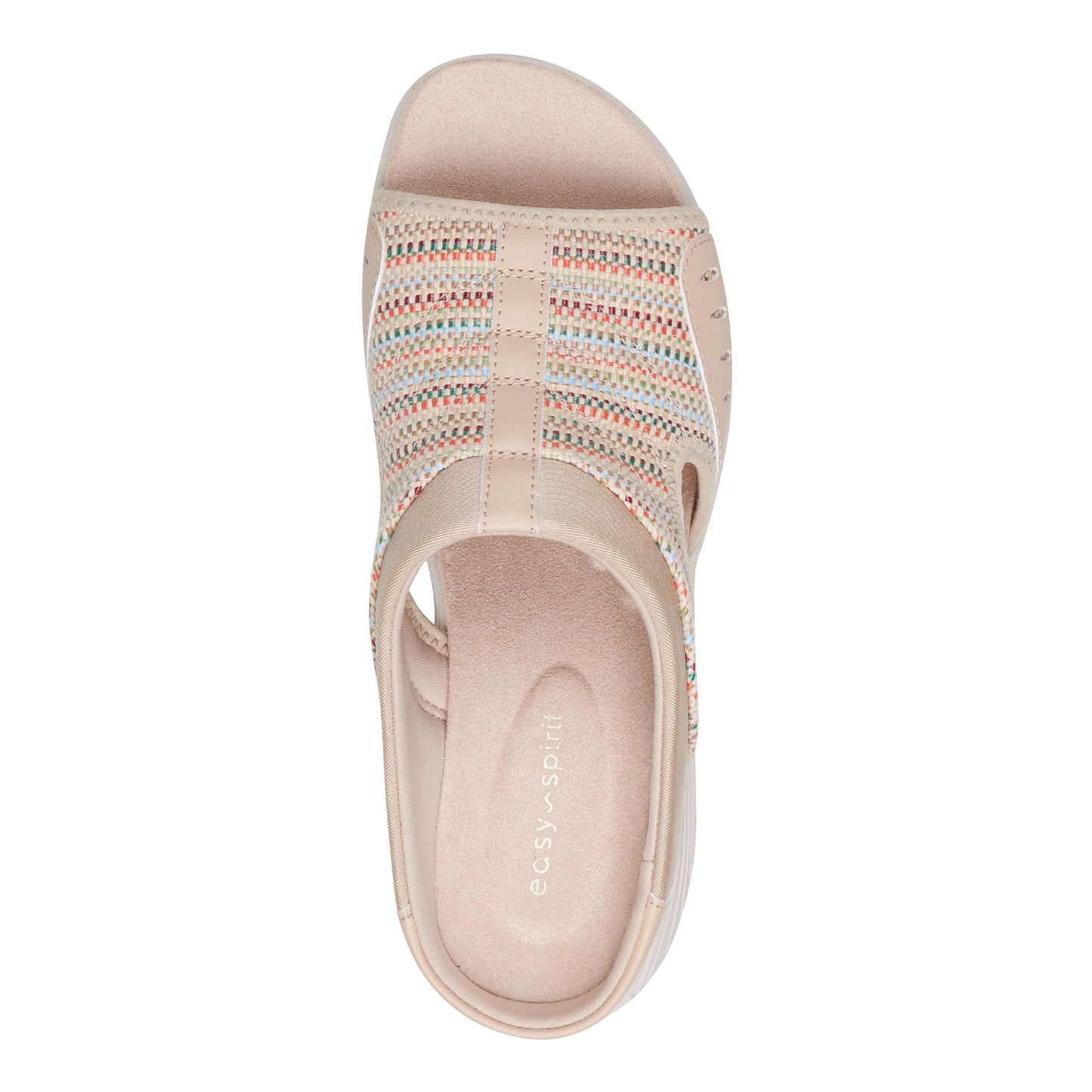 Tan Easy Spirit slip-on sandal with colorful striped upper.