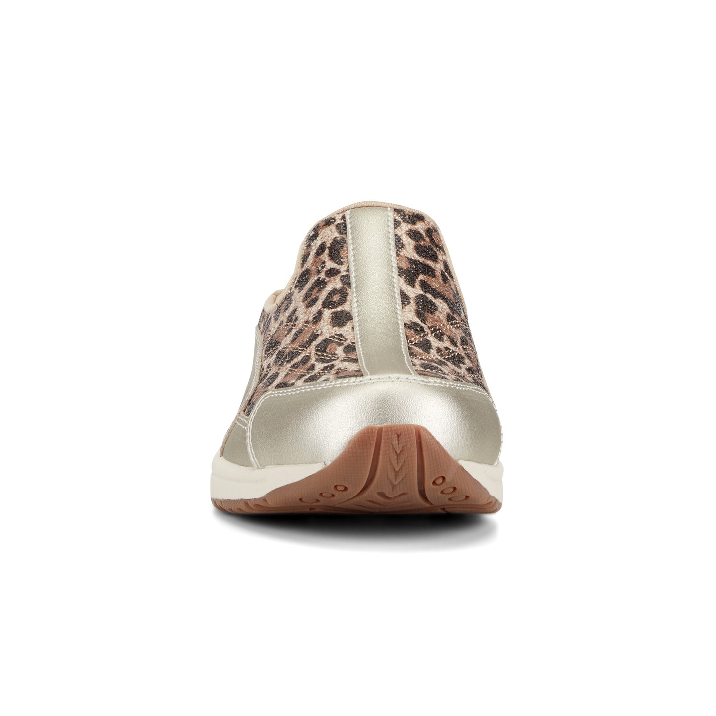 Leopard print slip-on sneaker with gold accents seen from the back.
