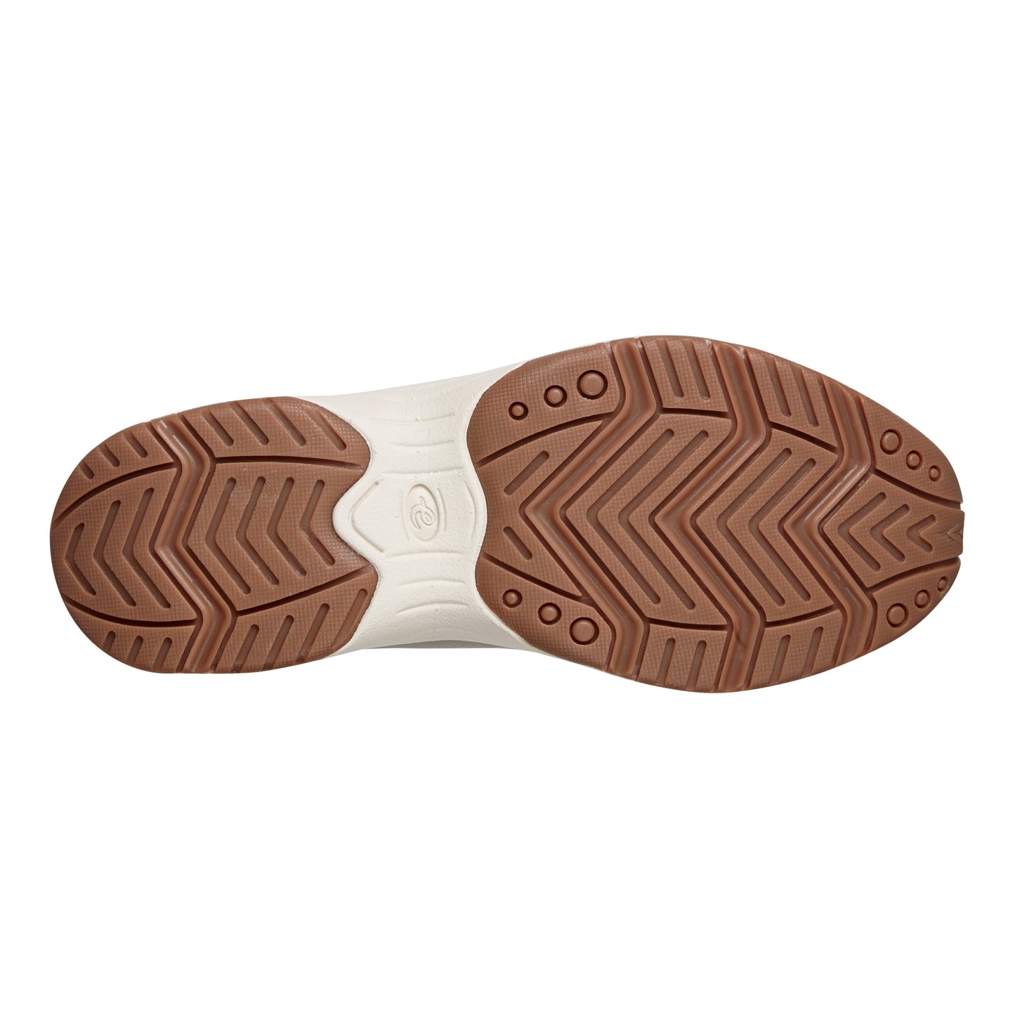 Tan sneaker sole with a chevron pattern.