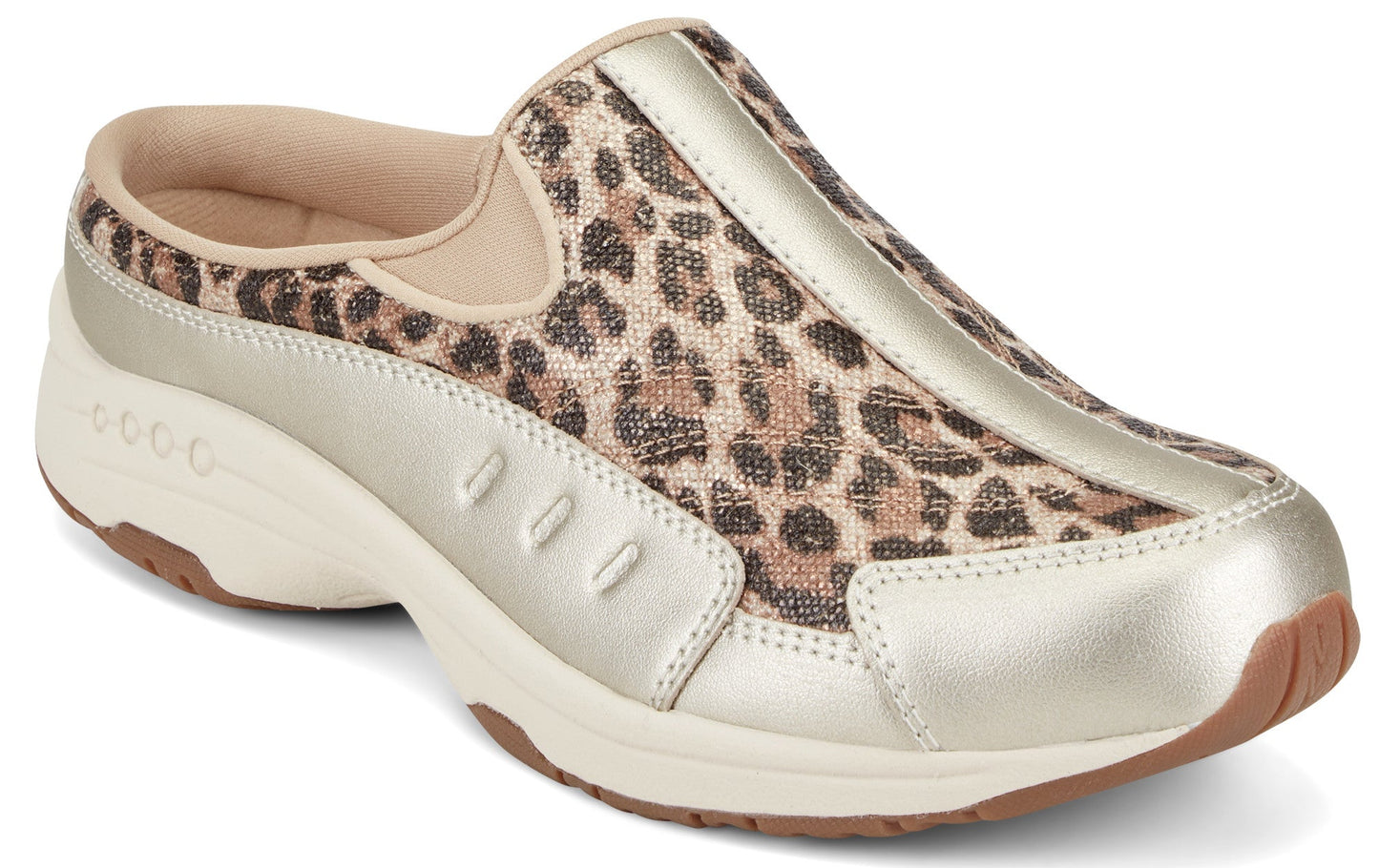 Slip-on shoe with leopard print and gold metallic accents.