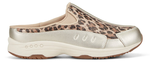 A slip-on mule with leopard print and metallic gold accents.
