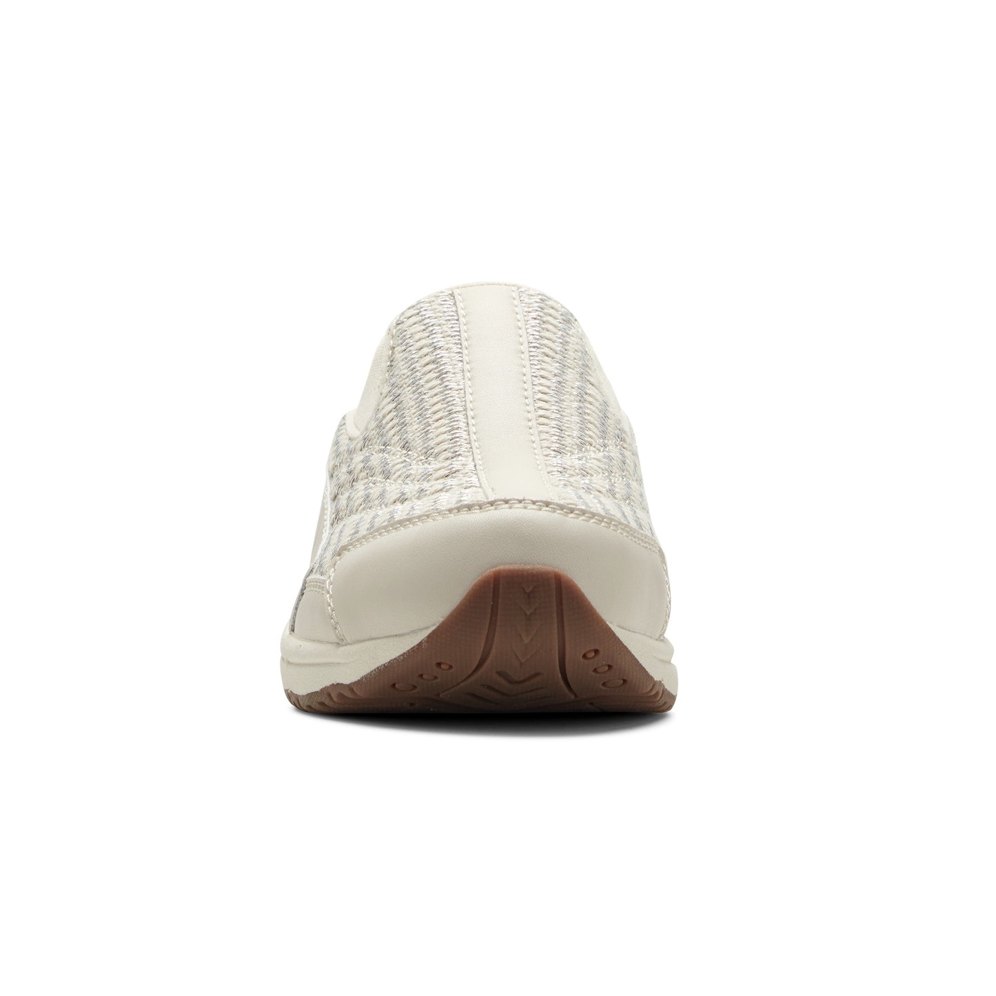 Back view of an off-white woven flat slip-on shoe with a brown sole.