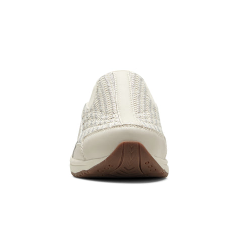 Back view of an off-white woven flat slip-on shoe with a brown sole.