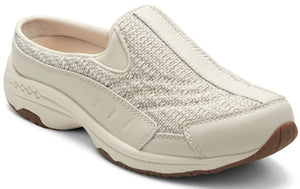 A cream-colored slip-on shoe with a knit upper and leather trim.