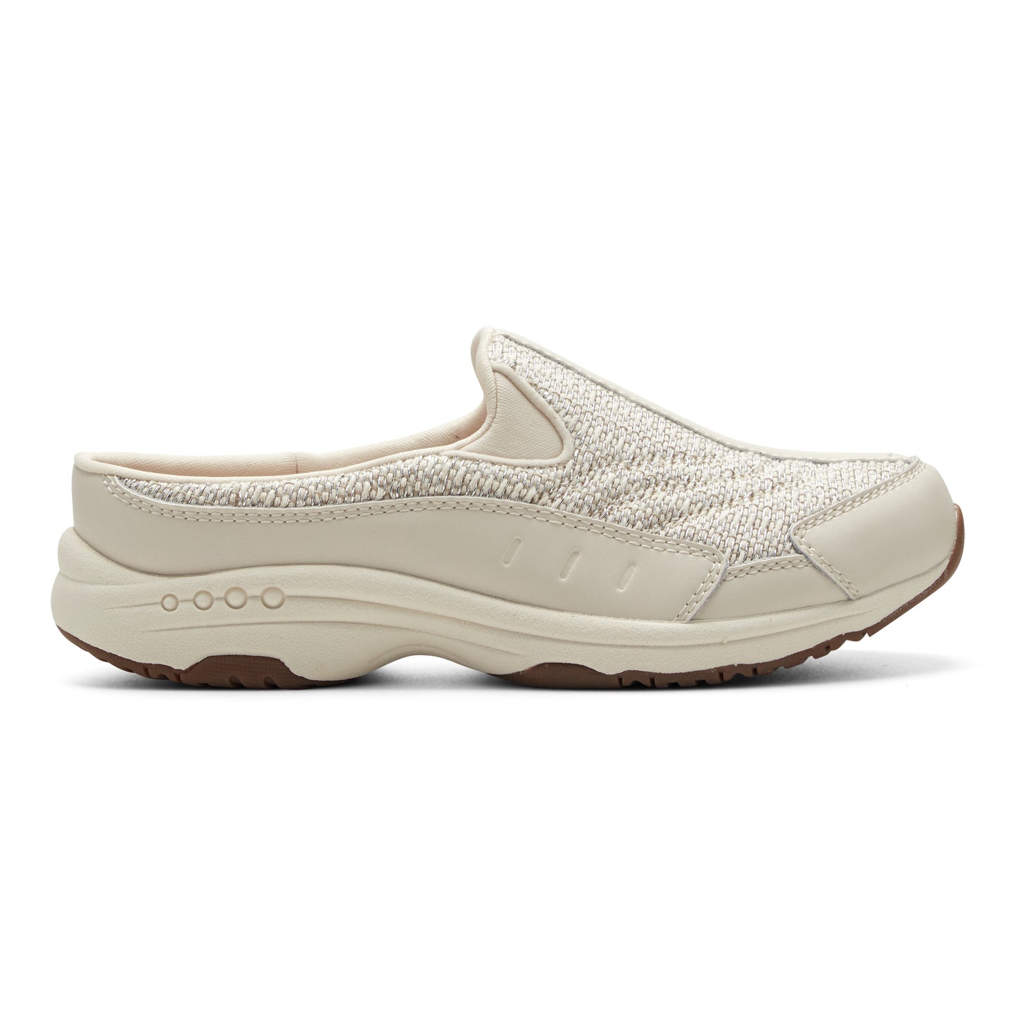Beige slip-on casual shoe with textured fabric and synthetic overlays.