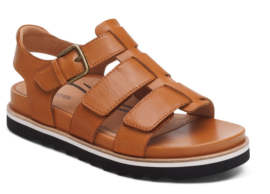 Brown leather sandal with adjustable buckle and multi-strap design.