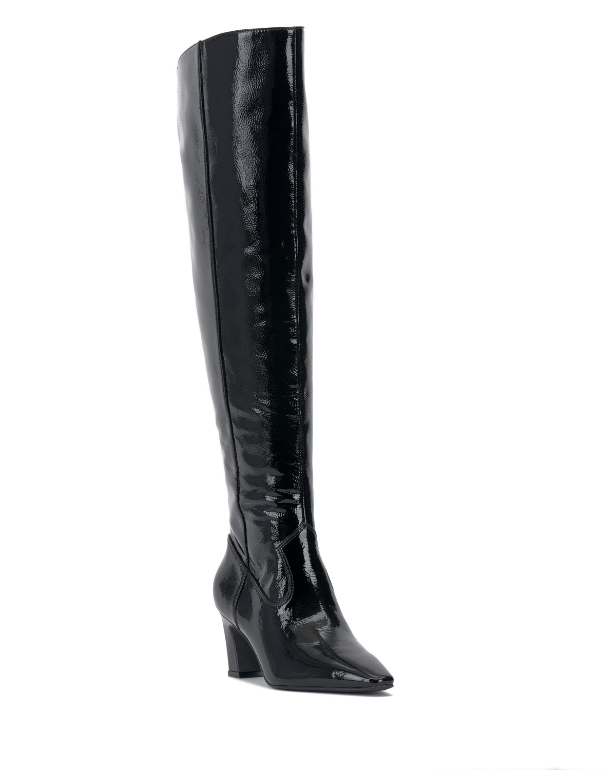 Shiny black knee-high boot with a pointed toe and angled heel.