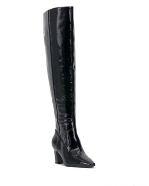 Shiny black knee-high boot with a pointed toe and angled heel.