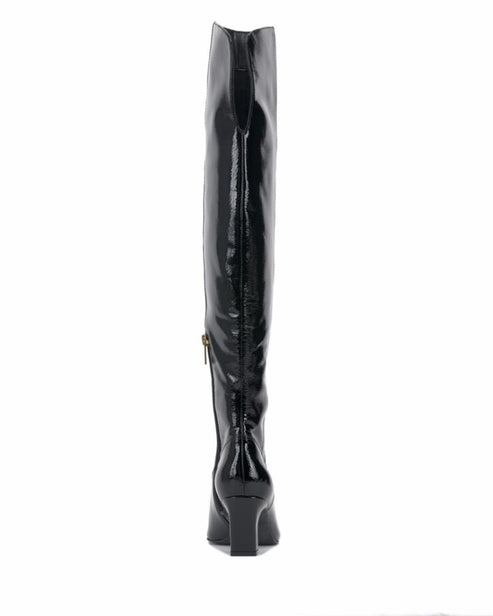 Shiny black, knee-high, heeled boot with zipper.