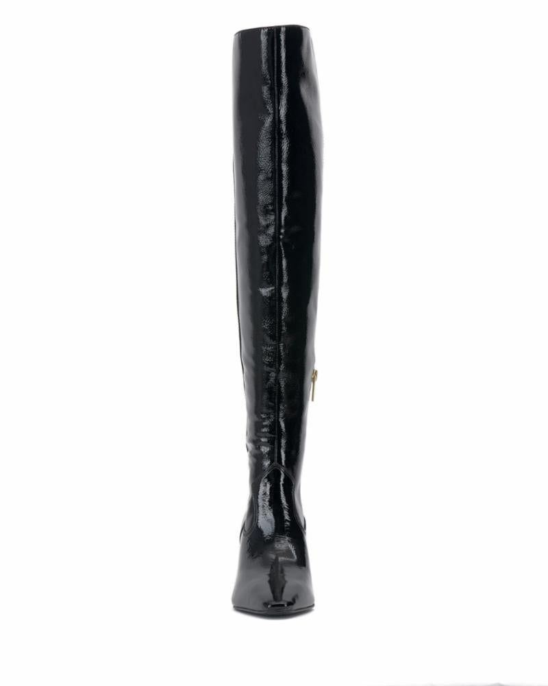 Front view of a shiny, black, knee-high boot with a block heel.
