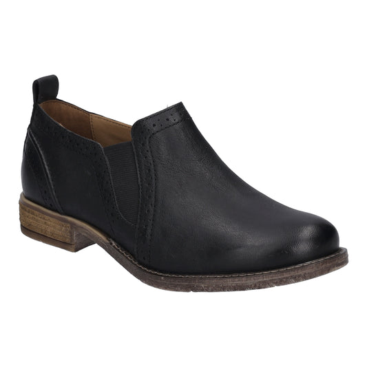 Black leather ankle boot with elastic side panel, low heel, and pull tab.