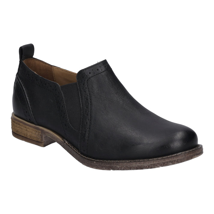 Black leather ankle boot with elastic side panel, low heel, and pull tab.