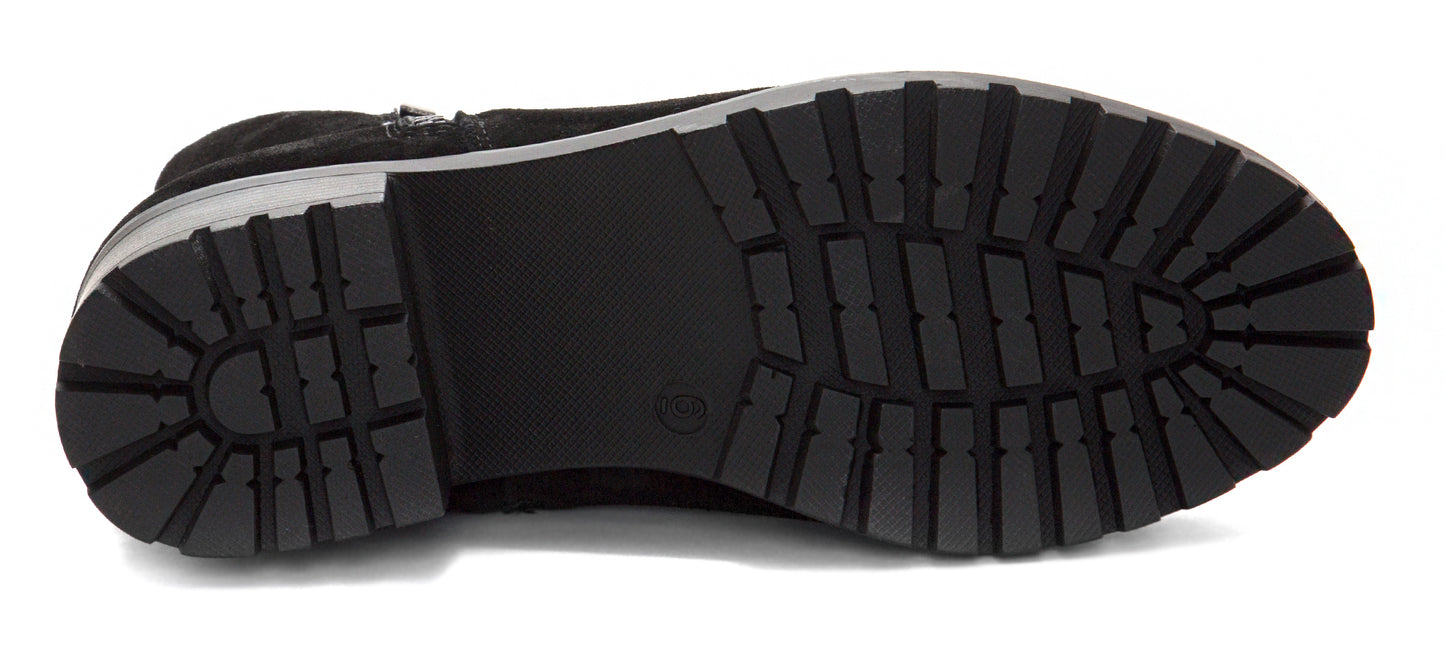 The black lug sole of a boot.