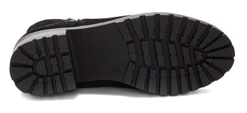 The black lug sole of a boot.