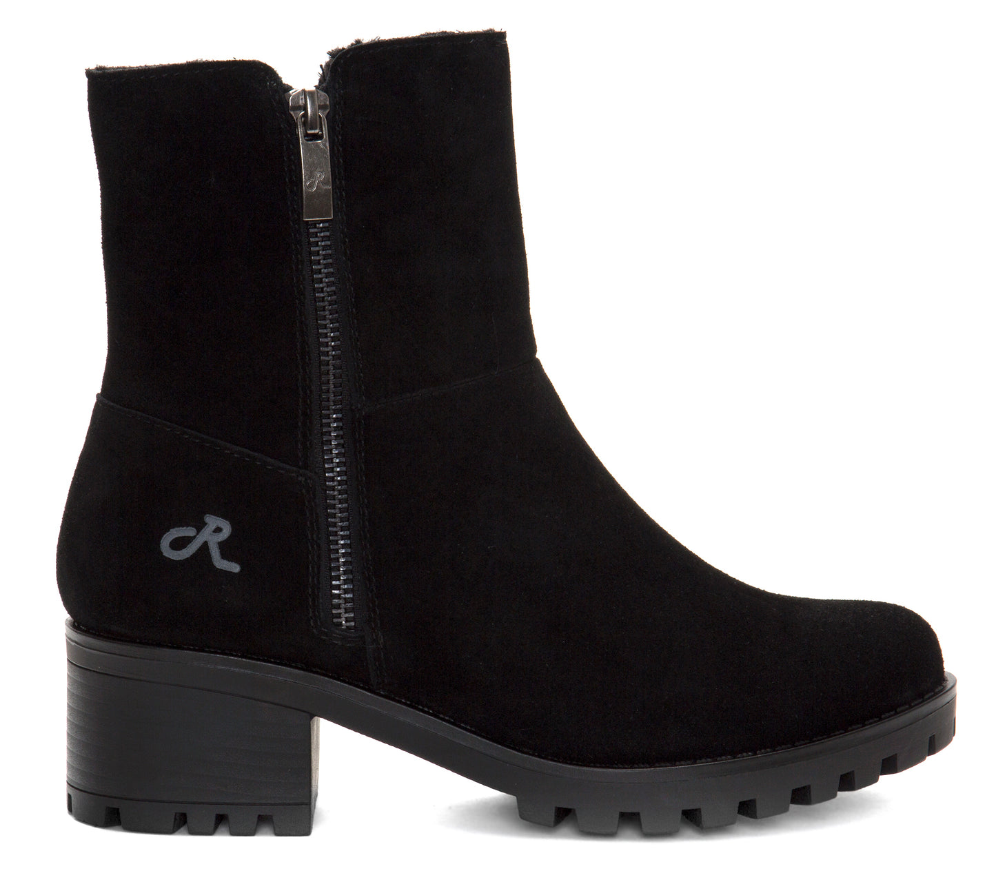 Black suede ankle boot with side zip and chunky heel.