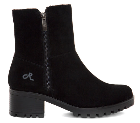 Black suede ankle boot with side zip and chunky heel.