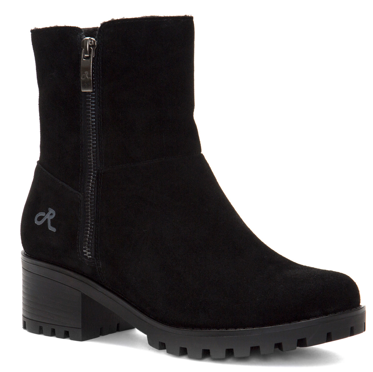 Black suede ankle boot with side zipper and chunky heel.