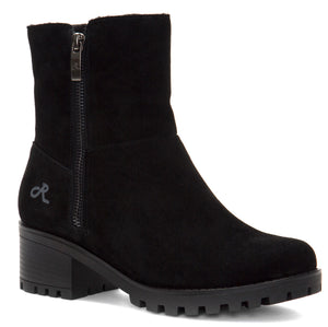 Black suede ankle boot with side zipper and chunky heel.