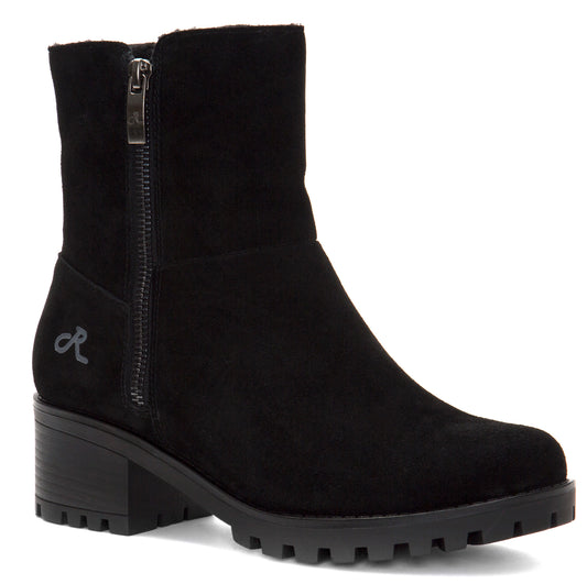Black suede ankle boot with side zipper and chunky heel.