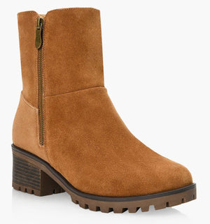 Suede ankle boot with block heel and side zipper.